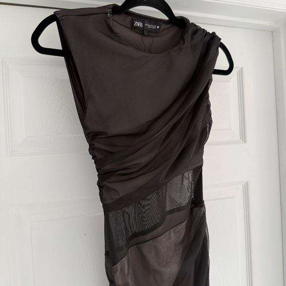 ZARA Black Mesh Ruched Midi Dress Sheer Panel Evening Night Out XS - Picture 11 of 14